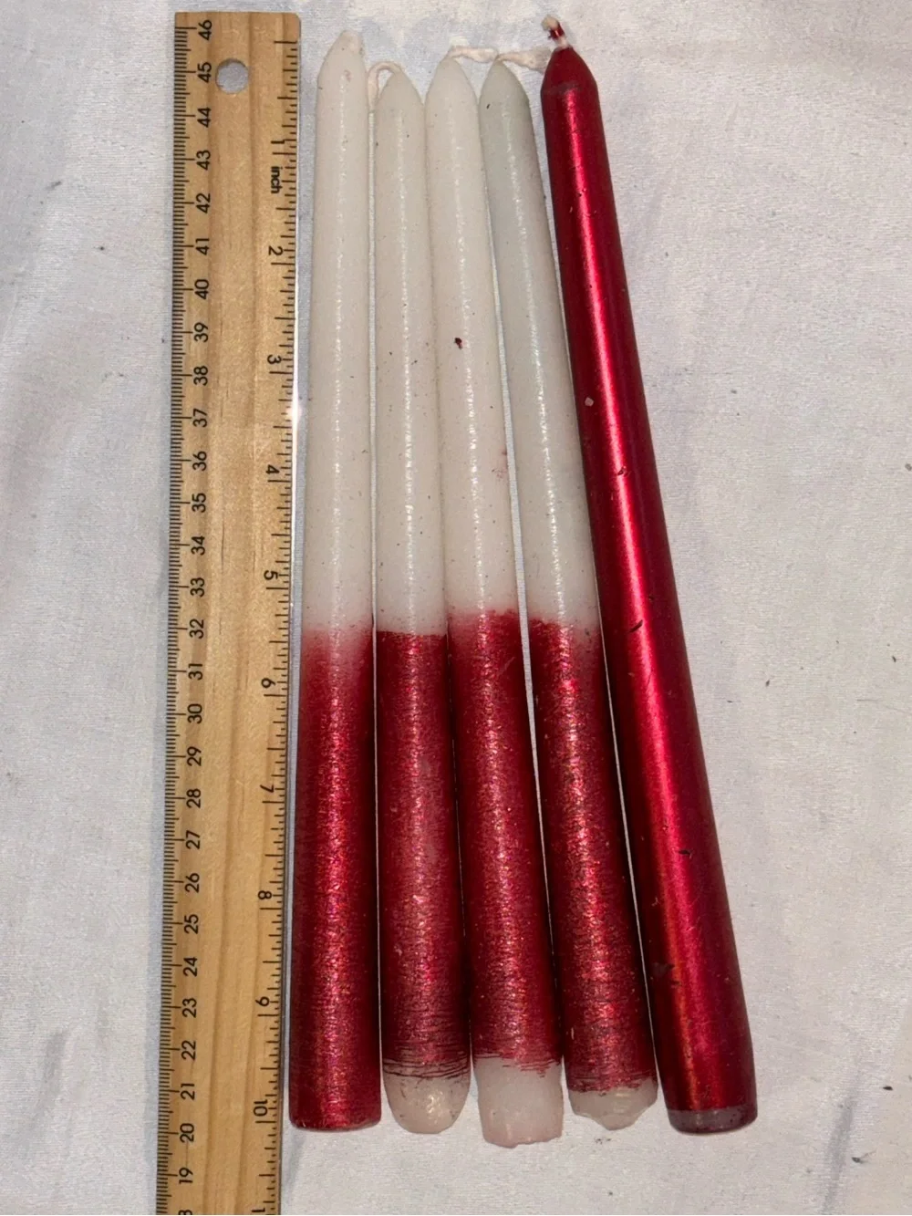 Holiday Taper Candles Set of 5 Red White Metallic Glitter 10” Christmas Decor